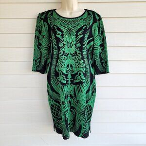 Ming Wang Sapphire Shimmery green with black 3/4 length knit sweater dress